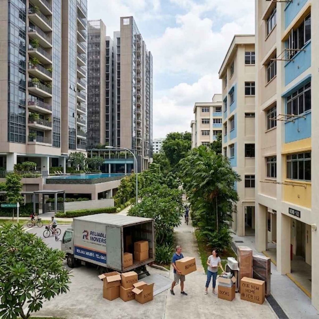 Private condominium beside HDB blocks in Singapore, illustrating a right-sizing move from private property to an HDB resale flat