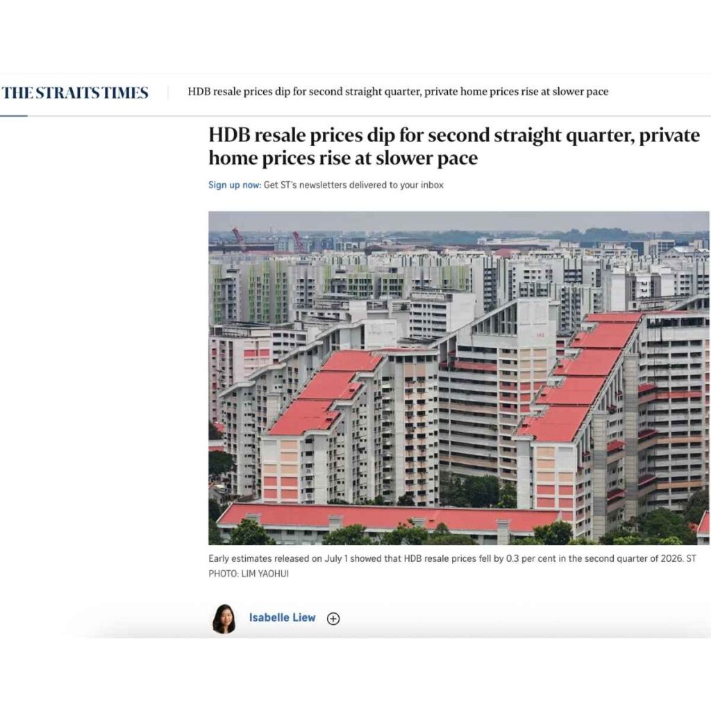 Straits Times report headlined that HDB resale prices dipped for a second straight quarter, above an aerial view of HDB blocks in Singapore.