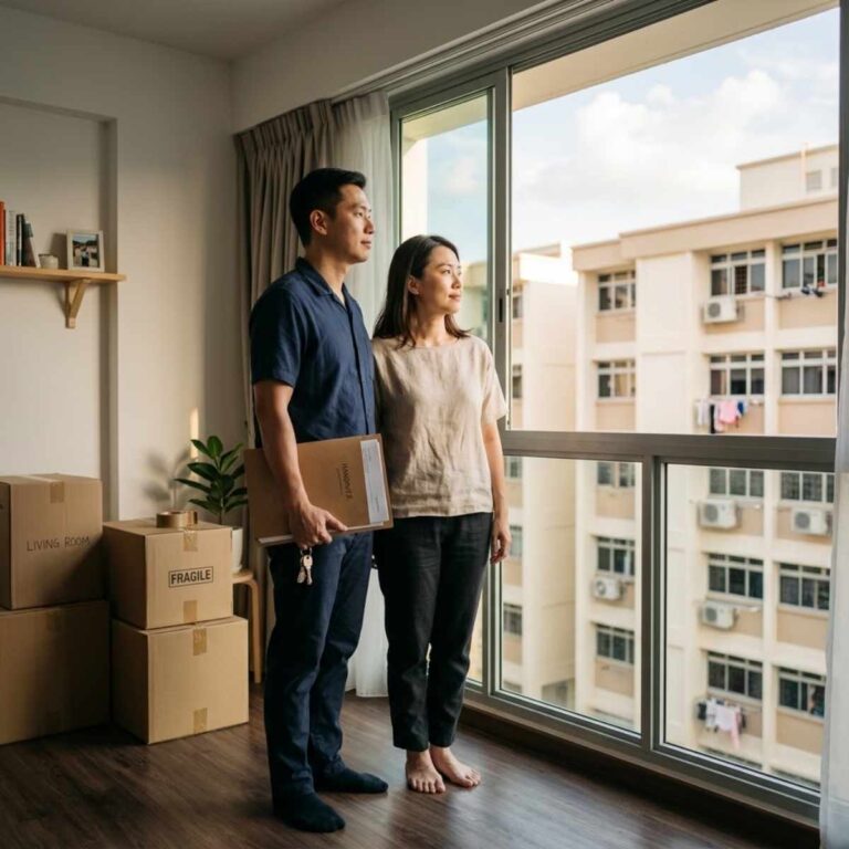 Singapore couple with keys and documents in their HDB flat, preparing for handover after selling