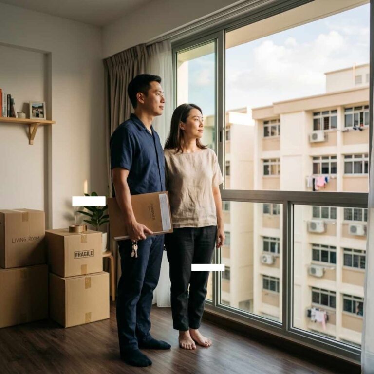 Singapore couple with keys and documents in their HDB flat, preparing for handover after selling
