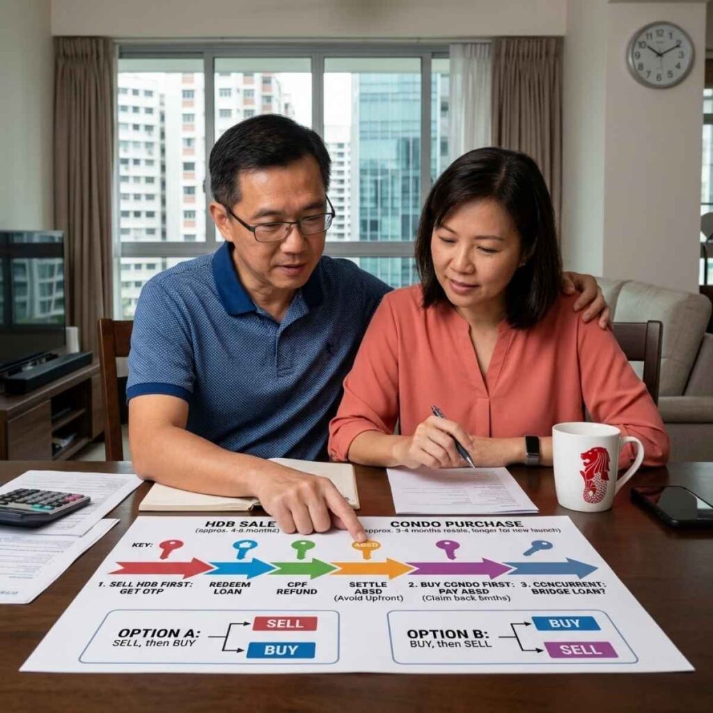 Singapore couple reviewing HDB sale and condo purchase timelines before choosing an upgrade sequence