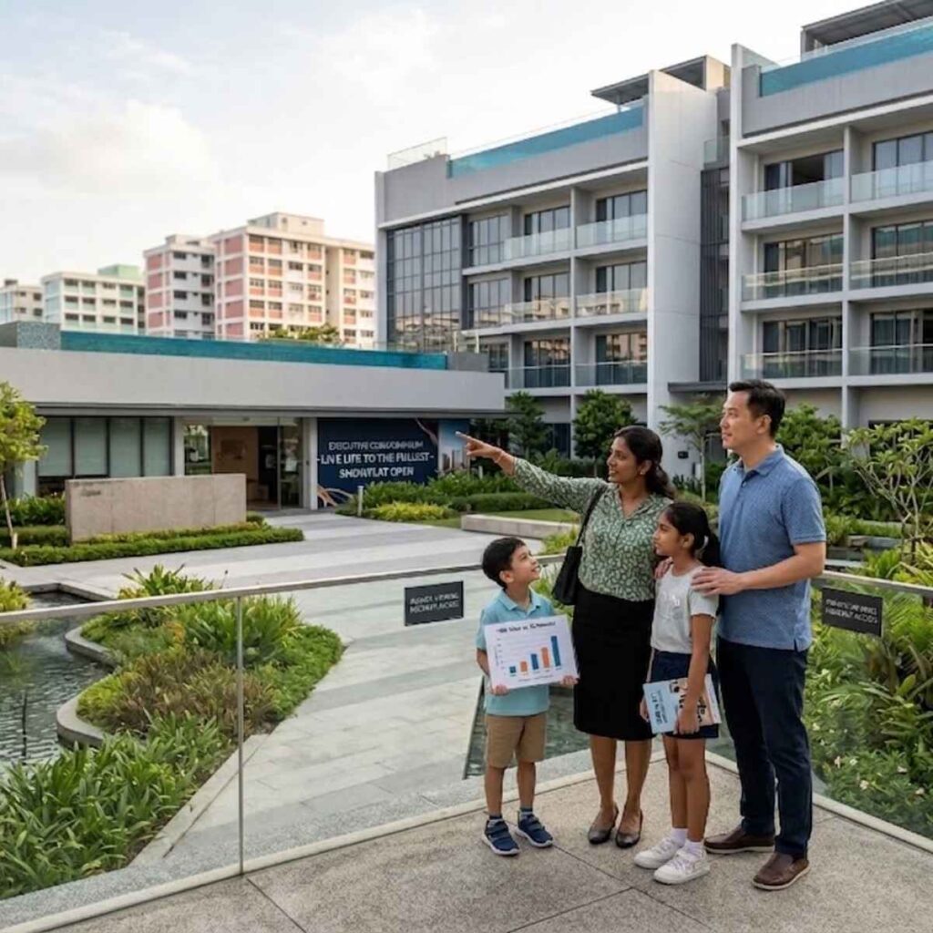 Singapore Executive Condominium exterior, viewed by a family considering an upgrade from their HDB flat
