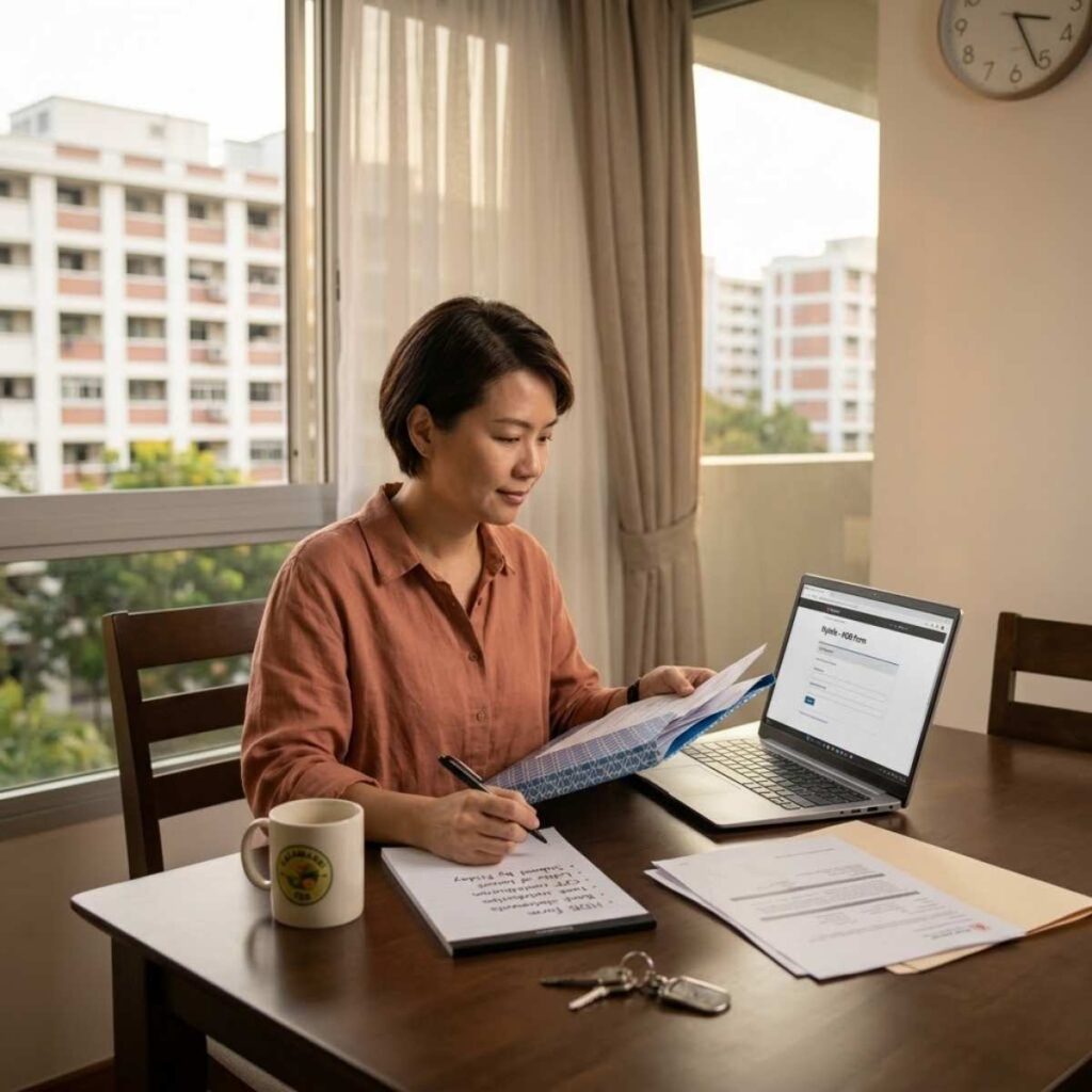 A homeowner at her dining table organising documents and a checklist before listing her HDB flat for sale, with Singapore HDB blocks visible through the window.